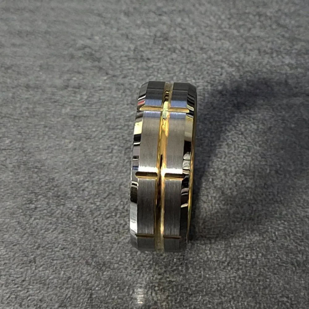 Personalized Mens Real Tungsten Promise Ring Brushed Steel 14k Gold Grooves